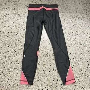 EUC Lululemon grey gray coral orange crop sheer panel leggings 4